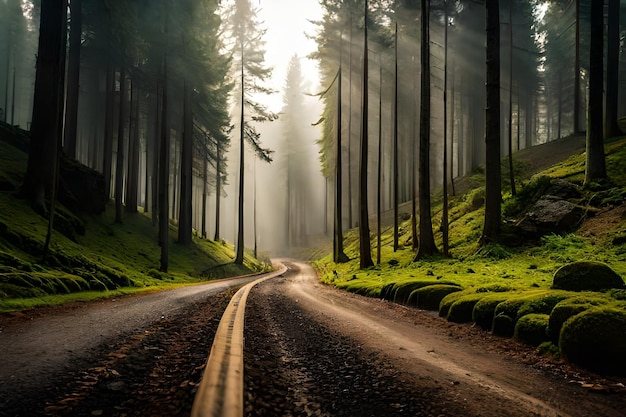 eine unbefestigte Straße im Wald mit einem Licht im Hintergrund