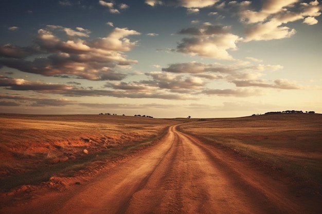 Eine unbefestigte Straße in einer ländlichen Landschaft mit einem Himmel mit Wolken