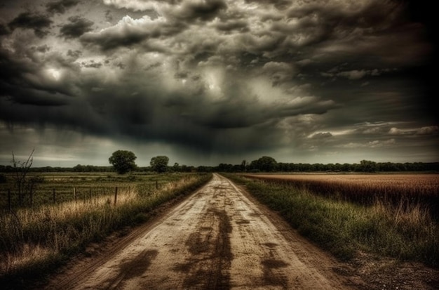 Eine unbefestigte Straße mit einem stürmischen Himmel im Hintergrund