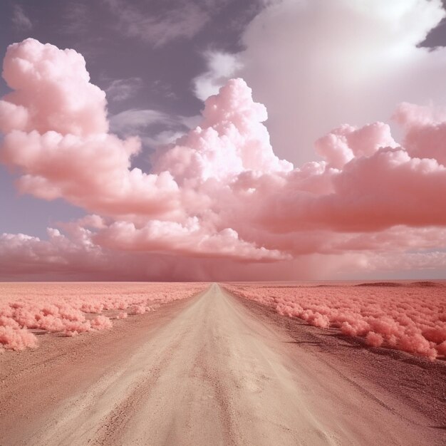 Foto eine unbefestigte straße mitten in einer wüste mit rosa wolken