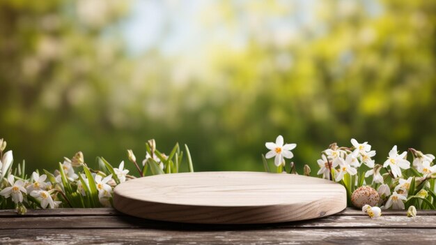 Eine unbewohnte Plattform vor einem festlichen Ostern-Hintergrund mit einer üppigen grasbewachsenen Wiese