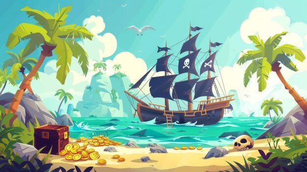 Eine unbewohnte tropische Insel mit einer Schatzkiste und einem zerbrochenen Piratenschiff Moderne Cartoon See Landschaft mit einem schwarzen Segel Segelboot mit einem Schädel auf der Spitze und Palmen Palmen Goldmünzen und die