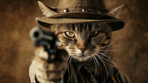 Eine unerwartet modische Katze schwingt eine Waffe mit Hochmut