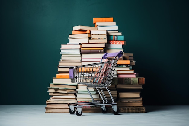 Foto eine unerwartete szene: ein einkaufswagen steht auf einem bücherstapel