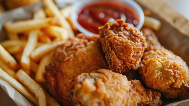 Foto eine ungesunde mahlzeit aus gebratenen hühnerfriesen und nuggets