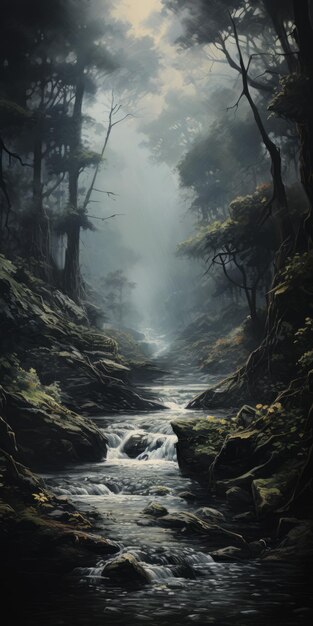 Eine unheimlich realistische dunkle Waldszene mit zarten Flussfelsen