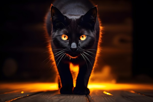 Eine unheimliche schwarze Katze mit leuchtenden Augen