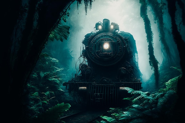 Eine unheimliche Szene einer vergessenen Lokomotive, die vom dichten Dschungel verschluckt wird