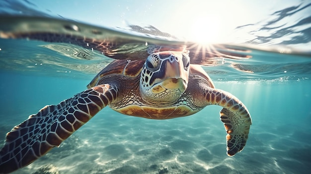 Eine unter Wasser schwimmende Schildkröte Generative KI-Kunst