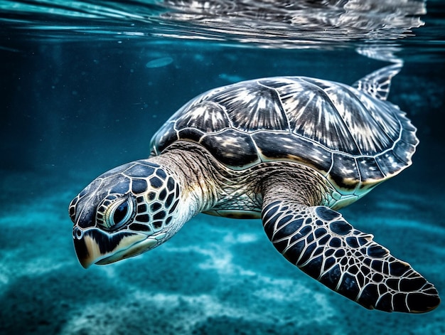 Eine unter Wasser schwimmende Schildkröte mit dem Wort Schildkröte auf dem Boden.
