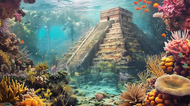 eine unterwasserische Szene einer Pyramide, die von Korallen umgeben ist