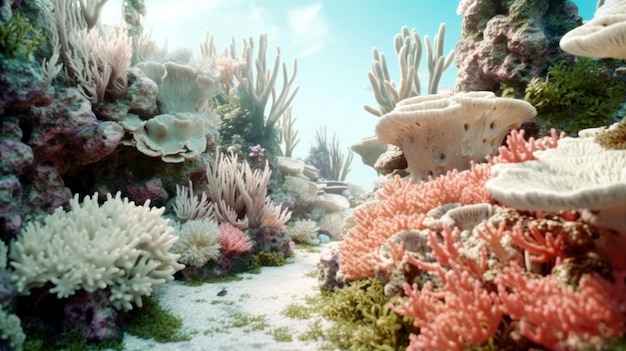 Eine Unterwasserlandschaft, in der ein Korallenriff in einer leblosen Umgebung versunken ist. Die verheerenden Auswirkungen der ozeanischen Azidose auf Riffökosysteme. Das Konzept von Umweltschäden und Klimawandel