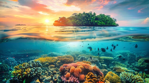 Eine Unterwasserszene mit einem lebendigen Korallenriff und einer fernen tropischen Insel im Hintergrund