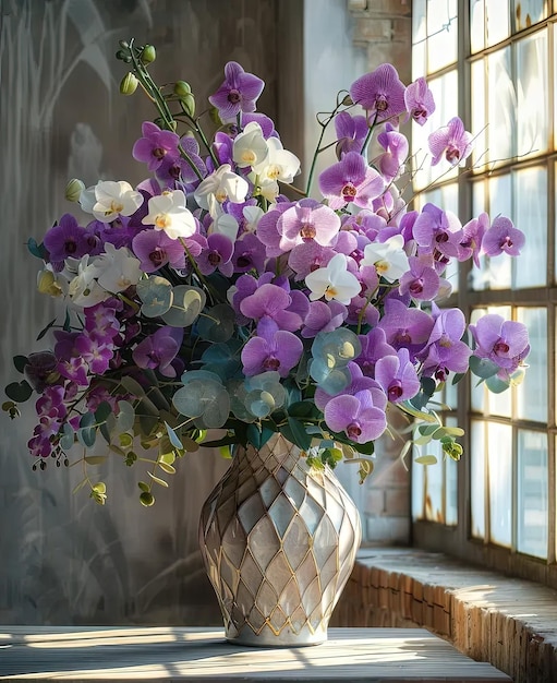 Eine Vase, die mit vielen lila und weißen Blumen gefüllt ist