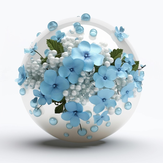 Eine Vase mit blauen Blumen und grünen Blättern darauf