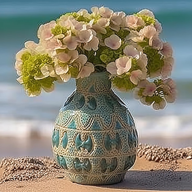 eine Vase mit Blumen am Strand in der Nähe des Ozeans