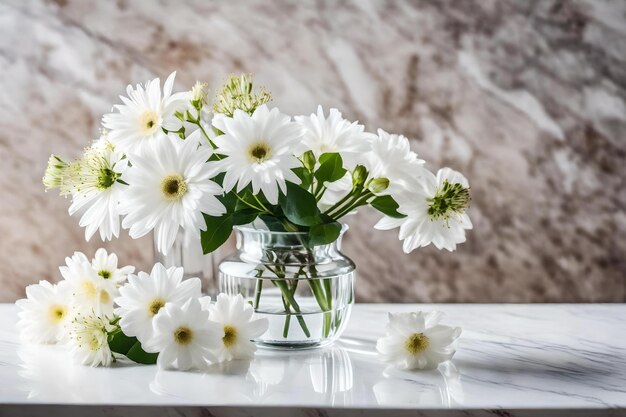 Eine Vase mit Blumen auf einem Tisch und einem Marmorhintergrund.