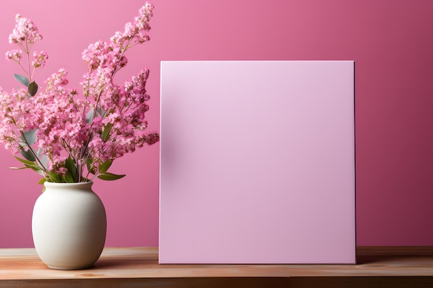 Eine Vase mit Blumen auf einem Tisch und einem rosa Hintergrund.