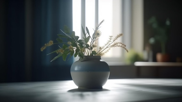 Eine Vase mit Blumen auf einem Tisch vor einem Fenster.