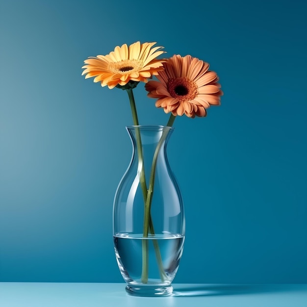 Eine Vase mit Blumen darin und einem blauen Hintergrund.