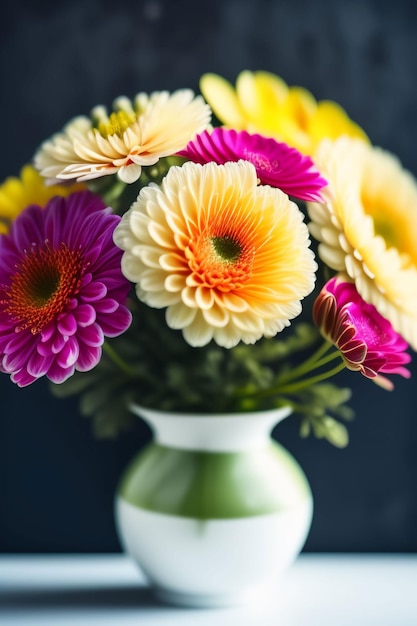 Eine Vase mit Blumen darin und einem grünen Hintergrund