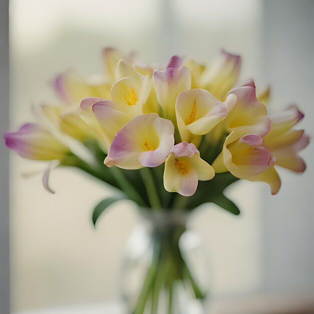 Foto eine vase mit blumen mit dem namen tulpen auf der unterseite