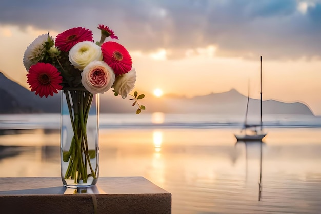 Eine Vase mit Blumen mit einem Sonnenuntergang im Hintergrund