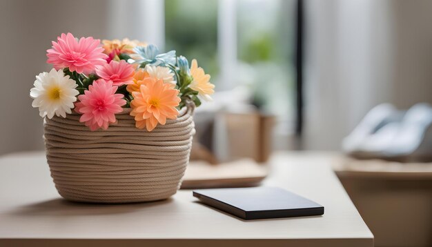 Foto eine vase mit blumen sitzt auf einem schreibtisch neben einem notizblock