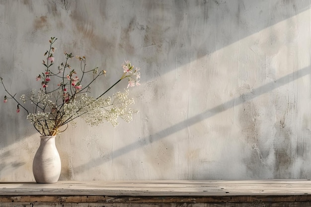 Foto eine vase mit blumen sitzt auf einem tisch neben einer wand