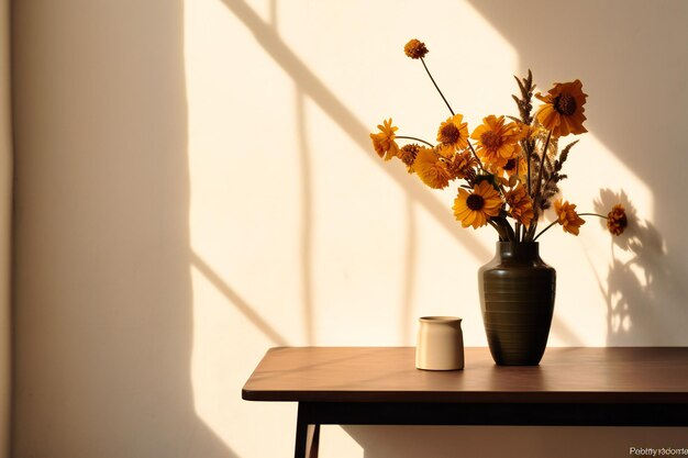 Eine Vase mit Blumen und ein Holztisch vor einer weißen Wand