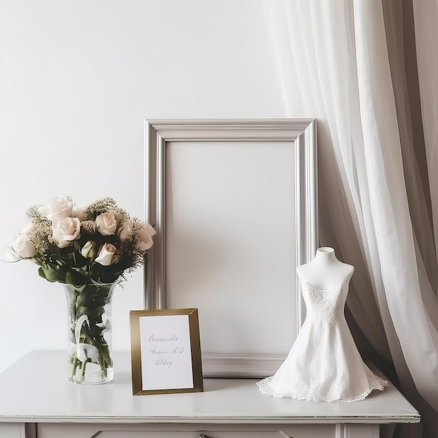 Eine Vase mit Blumen und eine Karte auf einem Tisch mit einer Karte mit der Aufschrift „Geschenk“.
