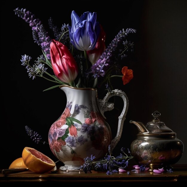 Eine Vase mit Blumen und eine Teekanne mit einer Lavendelblüte darauf.