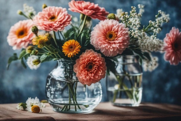 Foto eine vase mit blumen und einem blauen hintergrund mit blauem hintergrund