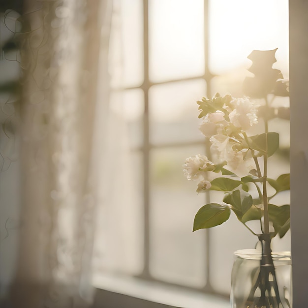 eine Vase mit Blumen und einem Fenster im Hintergrund