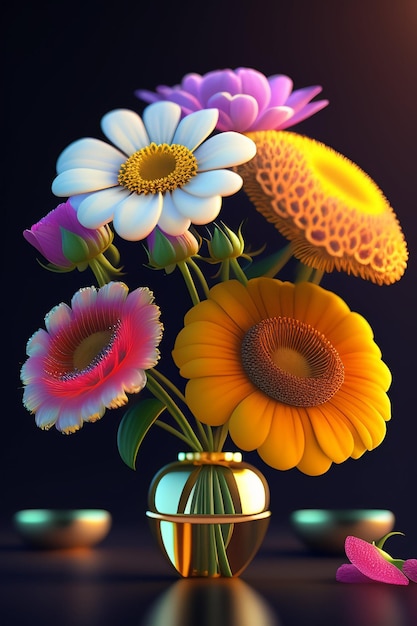 Eine Vase mit Blumen und einer bunten Sonnenblume darauf