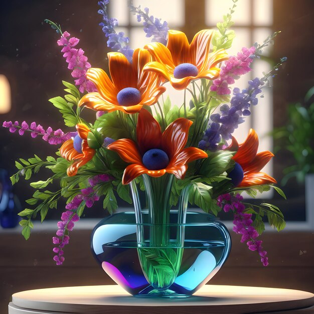 eine Vase mit bunten Blumen auf einem Tisch generativ ai