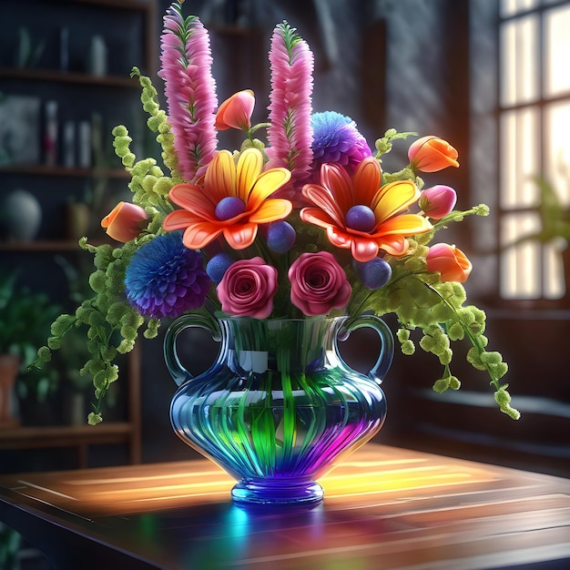 eine Vase mit bunten Blumen darin auf einem Tisch generative KI