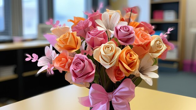 Eine Vase mit bunten Papierblumen