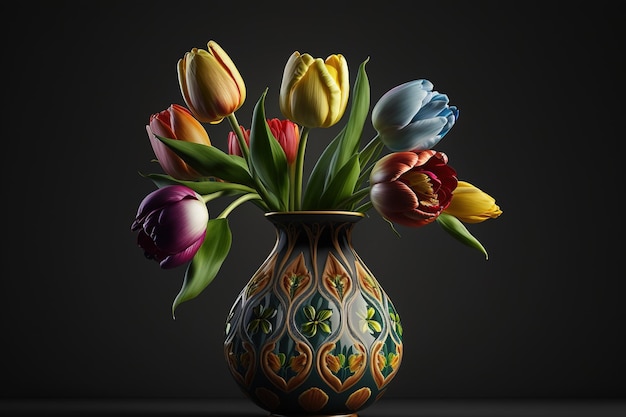 Eine Vase mit bunten Tulpen auf schwarzem Hintergrund Generative KI