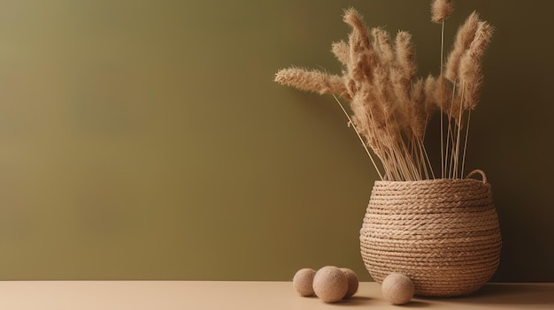 eine Vase mit einem Bündel Weizen darin und einem Bündel anderer Gegenstände auf dem Tisch.
