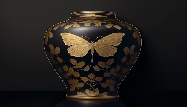 eine Vase mit einem Schmetterling auf dem Boden und der Unterseite des Bodens.