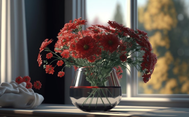 Eine Vase mit einem Strauß roter Blumen auf einem Tisch im Hintergrund des Wohnzimmers wird generiert