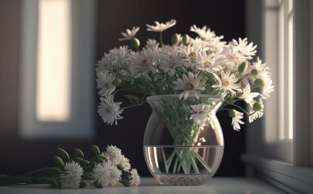 Eine Vase mit einem Strauß weißer Blumen steht auf einem Tisch mit einem Fenster im Hintergrund. ai generiert