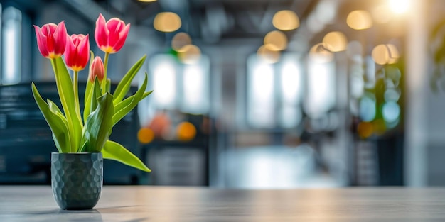 Eine Vase mit frischen Tulpen sitzt elegant auf einem Tisch und verleiht dem modernen Bürointerieur einen Hauch Natur