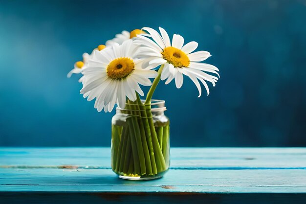 eine Vase mit Gänseblümchen auf einem blauen Tisch.