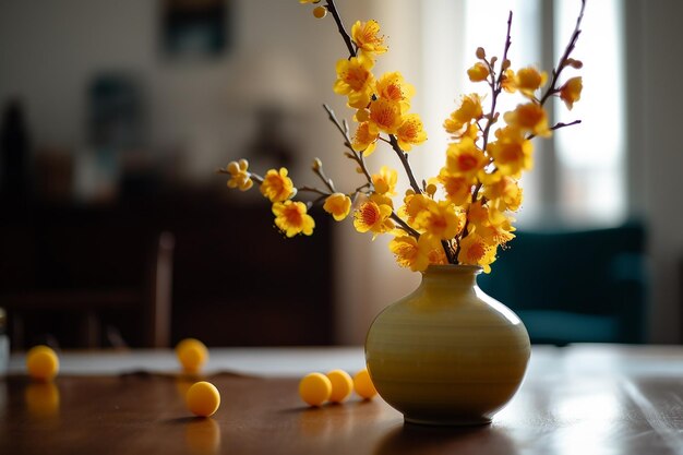 Eine Vase mit gelben Blumen auf einem Tisch mit einem blauen Stuhl im Hintergrund.