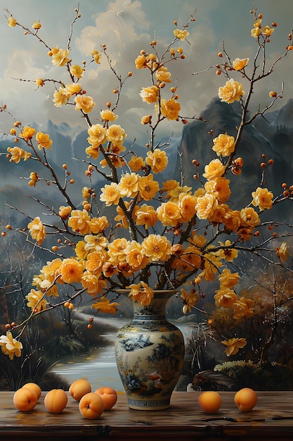 Eine Vase mit gelben Blumen liegt auf einem Tisch neben einem Gemälde