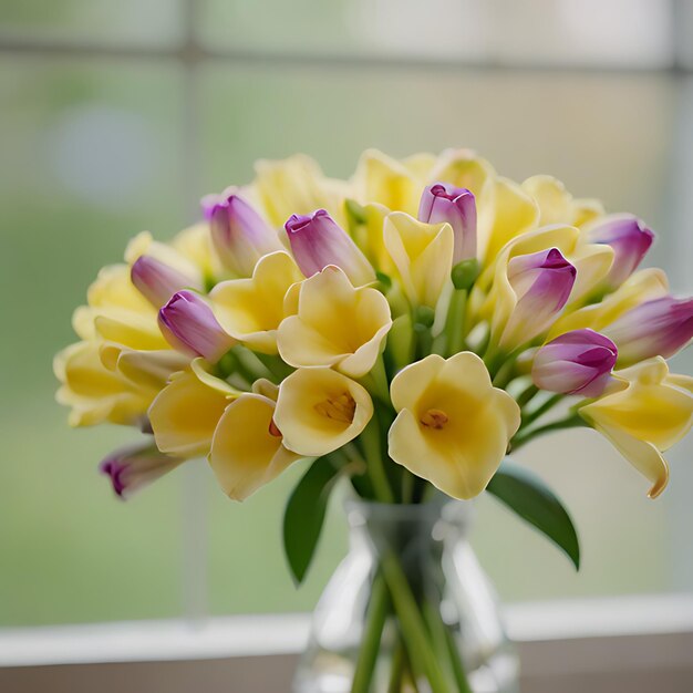 Foto eine vase mit gelben und lila blumen mit dem wort tulpen auf der unterseite