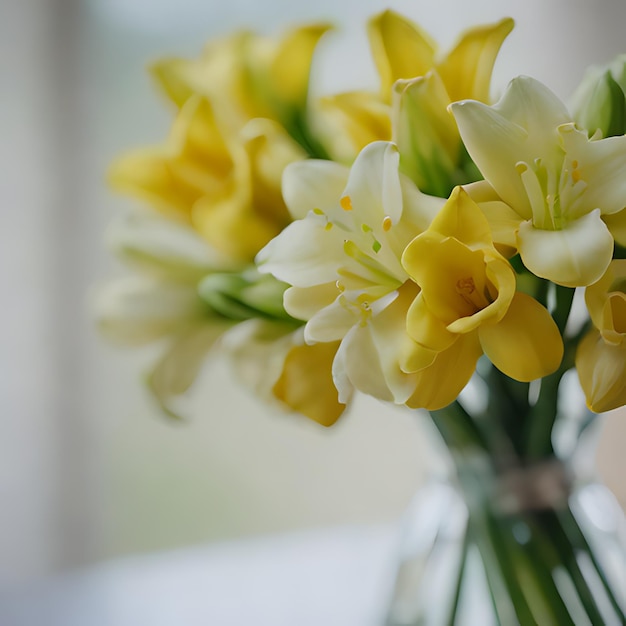 Foto eine vase mit gelben und weißen blumen mit den worten spring auf der unterseite