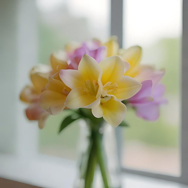 eine Vase mit gelben und weißen Blumen mit einem Fenster dahinter